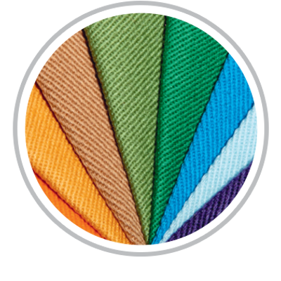 Circle displaying an arranged fan of many fabric colors