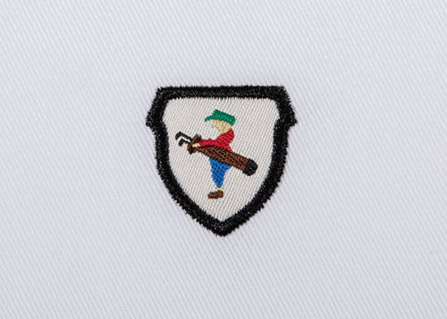 Pukka beanie label shape, shield with satin stitch