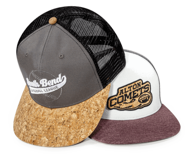 Group of Team hats with Cork Specialty Fabric