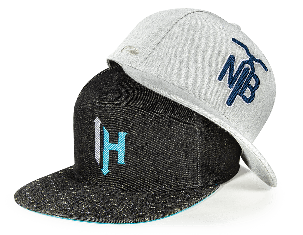 Pair of hats with diagonal stitch embroidered logos