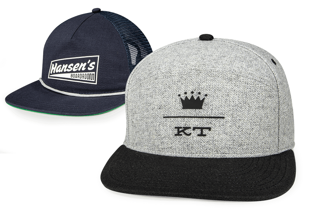 A pair of hats with bondgo custom appliques