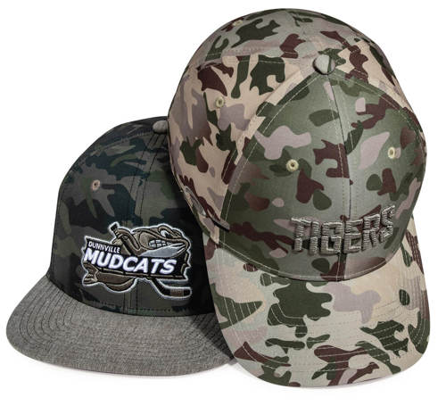 A pair of Team Sports custom headwear featuring OptiCam TriTech fabric