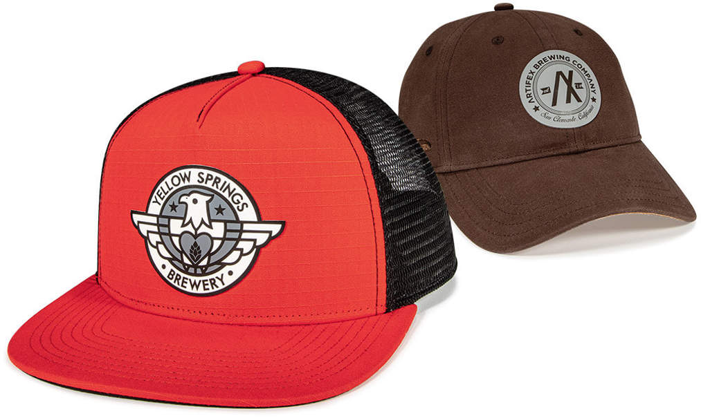 Pair of custom hats with Screen Print on 1-Color BondGo Patch