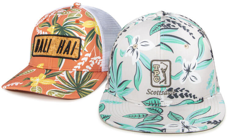 Pair of custom Golf Hats featuring new Plumeria color options