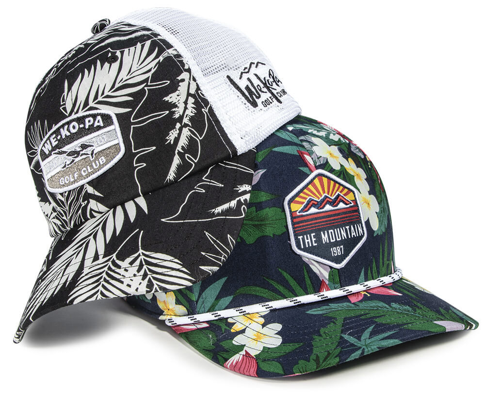 Custom Golf Headwear featuring Horsetail & Aloha Specialty Fabrics