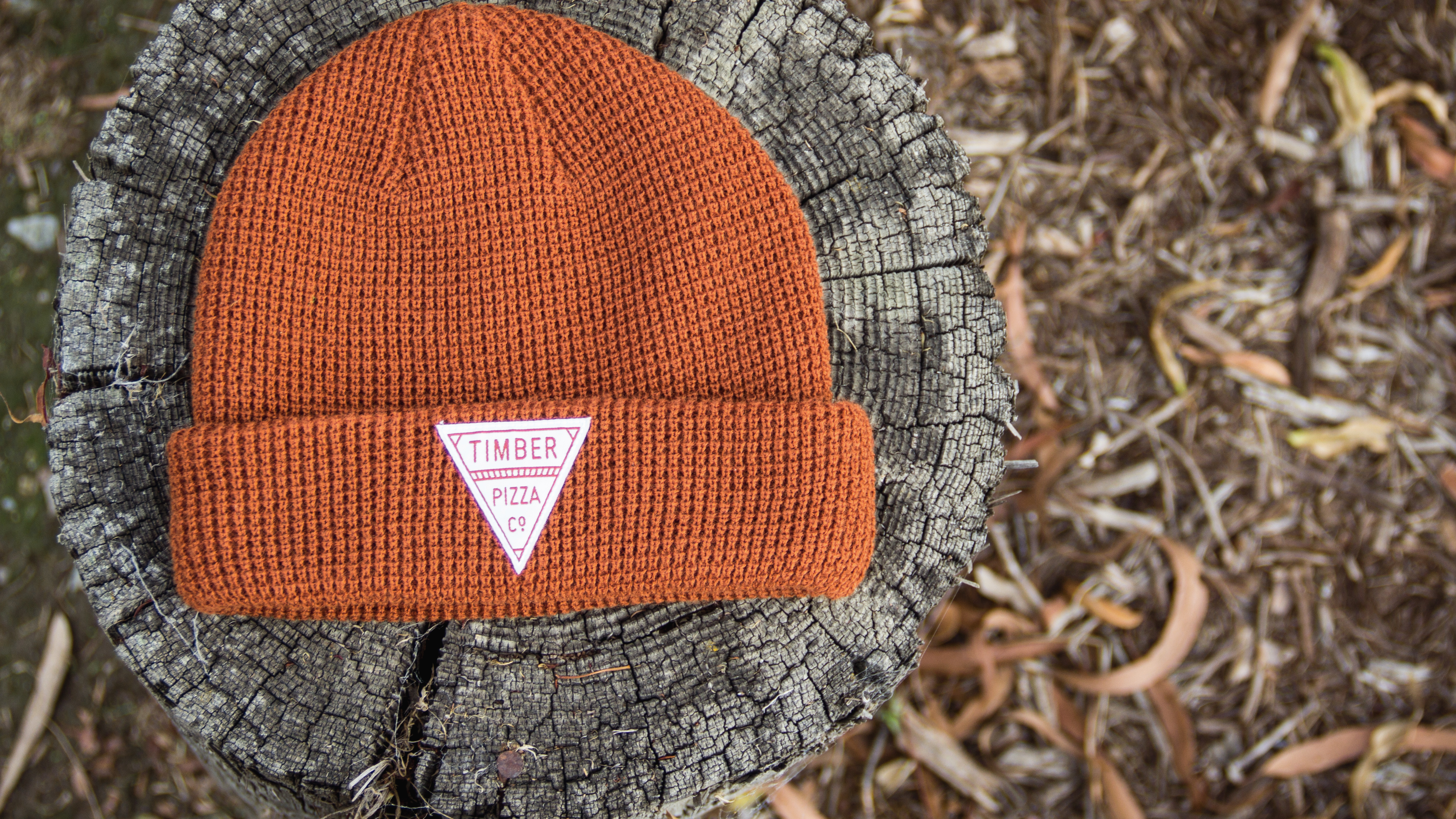 Waffle Knit laying on tree stump