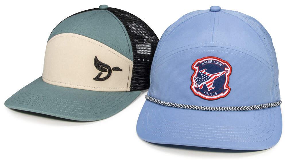 Pair of Journey Hats featuring a Mid Crown 7-Panel hybrid construction