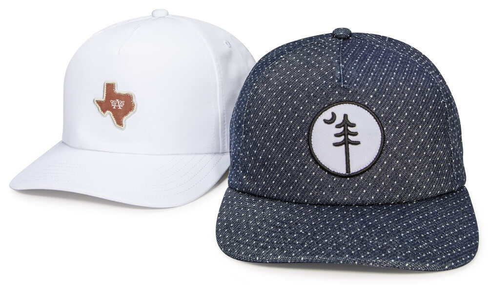 Custom Golf Headwear featuring our all-new 5-Panel Mid Crown Adjustable Hat