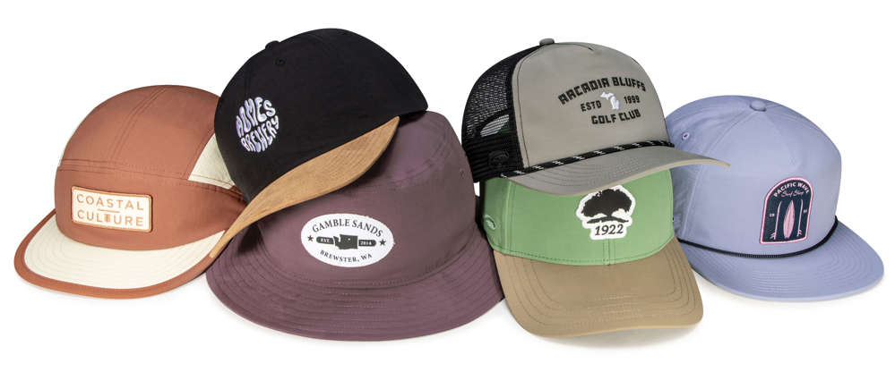 Group Shot of Custom Headwear featuring Our Eco-Friendly Recycled Nylon Fabric