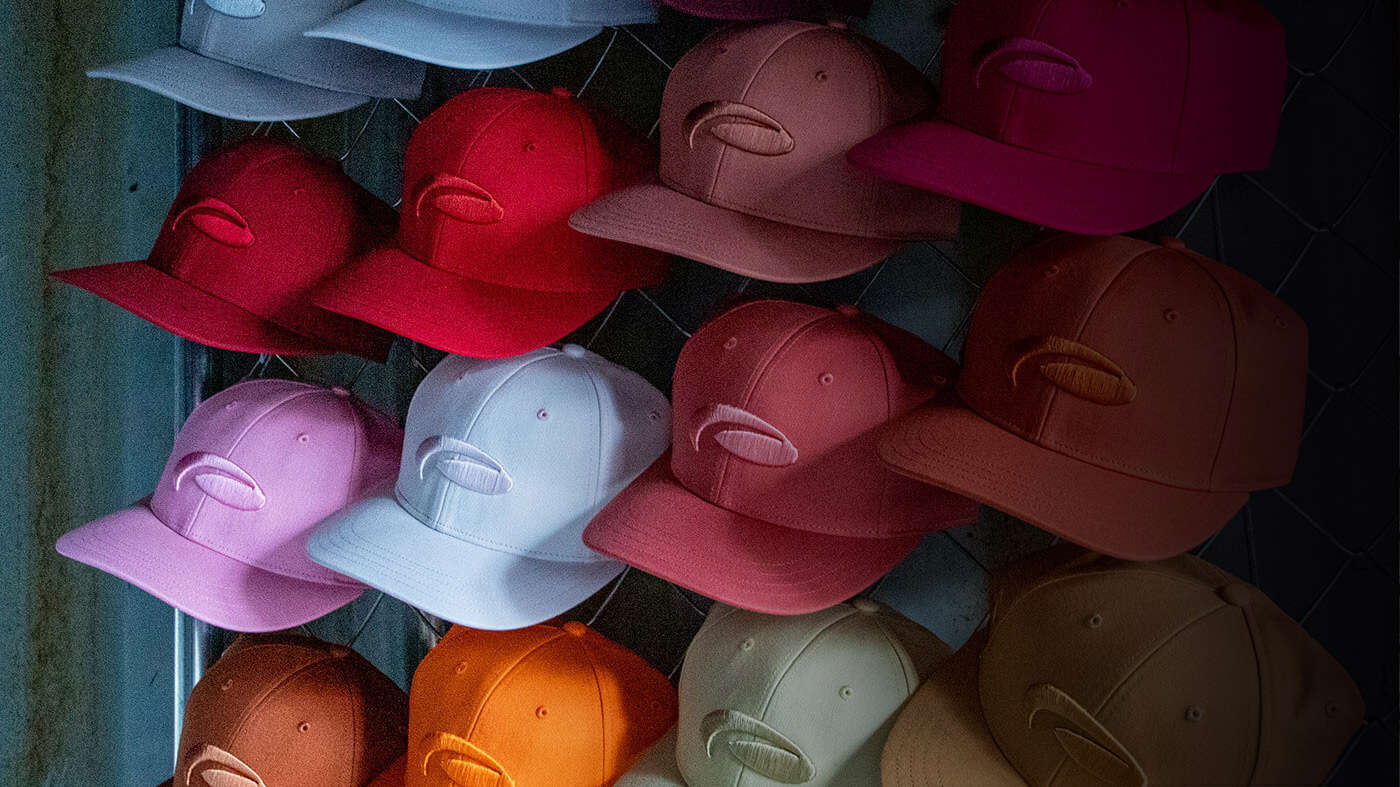 Wall of shelves with hats